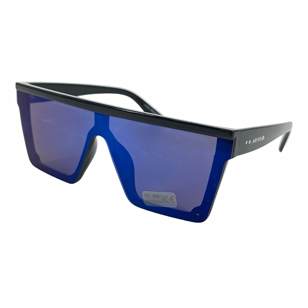 ARIVE Shield Sunglasses Blue Mirrored Lens Black Frame Y2K Sport Futuristic